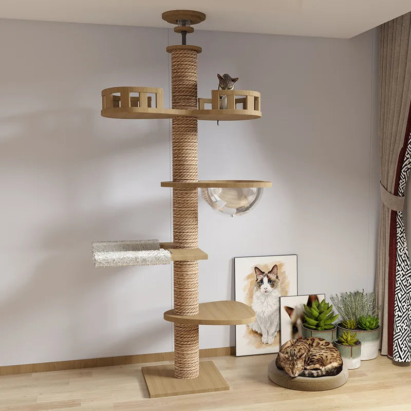 Adjustable Cat Tree House Floor To Ceiling Wooden Large Cat Tree Scratching Post Hammock Cat Pet Products Multi-Level Play Space - Mur&Moi