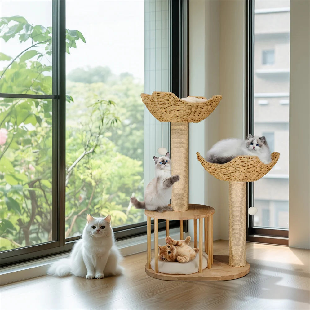 3-Tier Cat Tree Padded Plush Napping Perches Kitten Condo Sisal Rope Scratching Posts and Hanging Toy Tower for Indoor Kitties - Mur&Moi